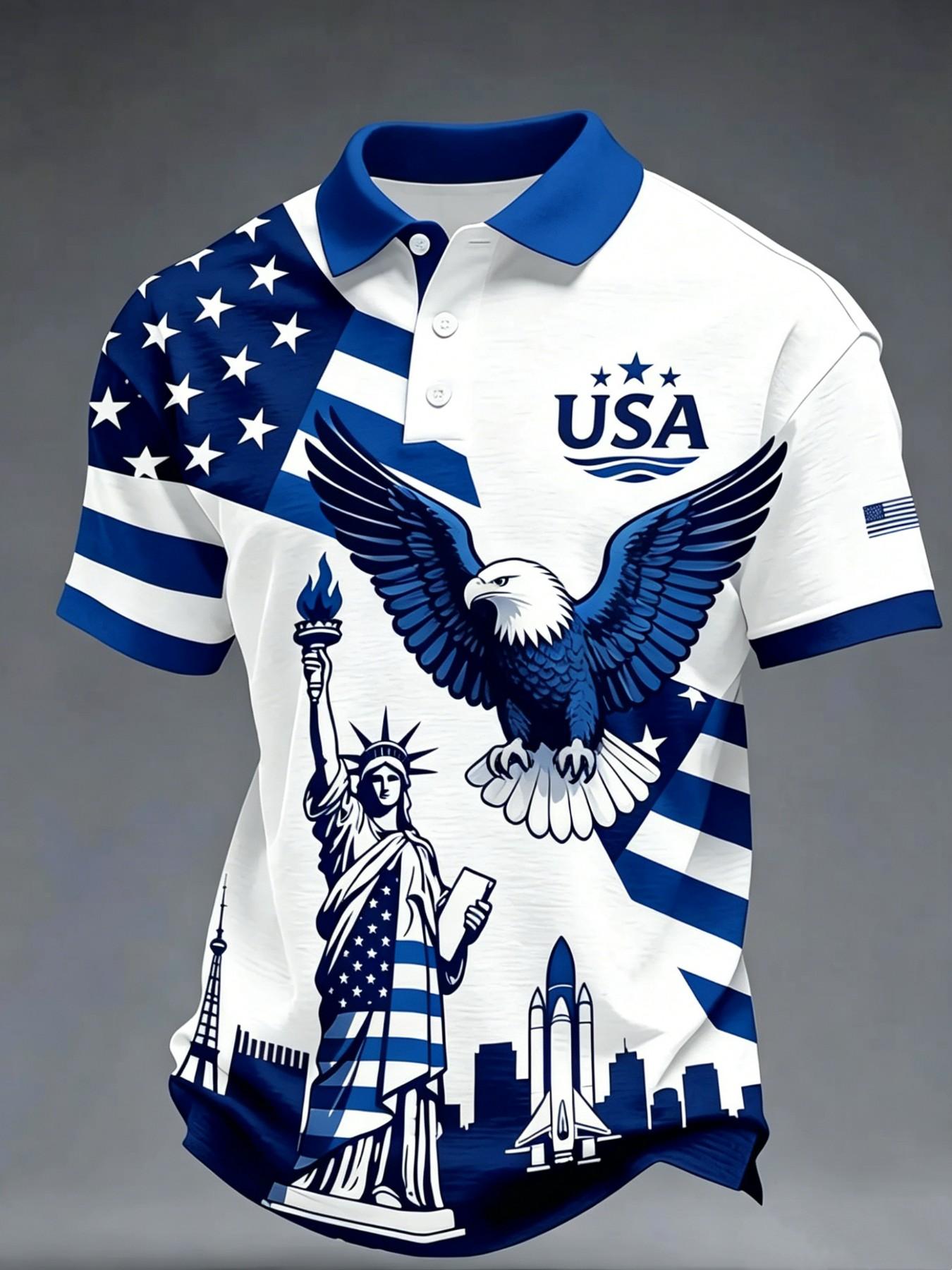 Summer Gift for Men, Usa Flag Eagle Liberty Statue Print, Short Sleeve, Casual Patriotic Polo Shirt, All Seasons