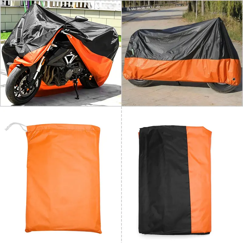 190T Waterproof Motorcycle Cover with Lock Hole, Black Orange Two-Tone All Weather Bike Protector, Windproof Dust Sun Snow Shield, Sizes L/XL/XXL/3XL Fit Motorcycles Scooters