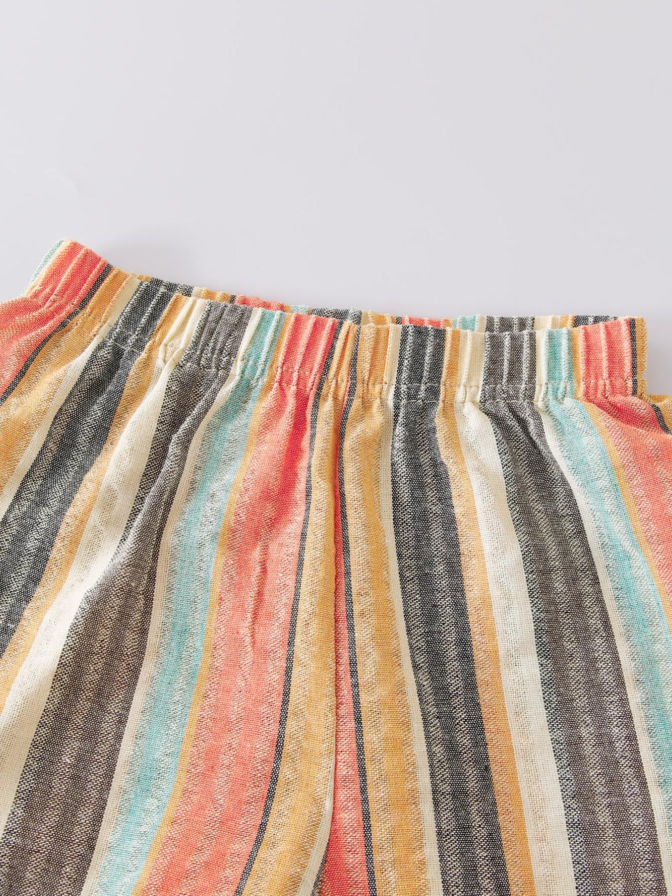 Boys' Summer New Solid Color Collar Button Polo Shirt, Short Sleeve Colorful Vertical Stripes, Casual Outdoor Wear, 2 Pieces Set