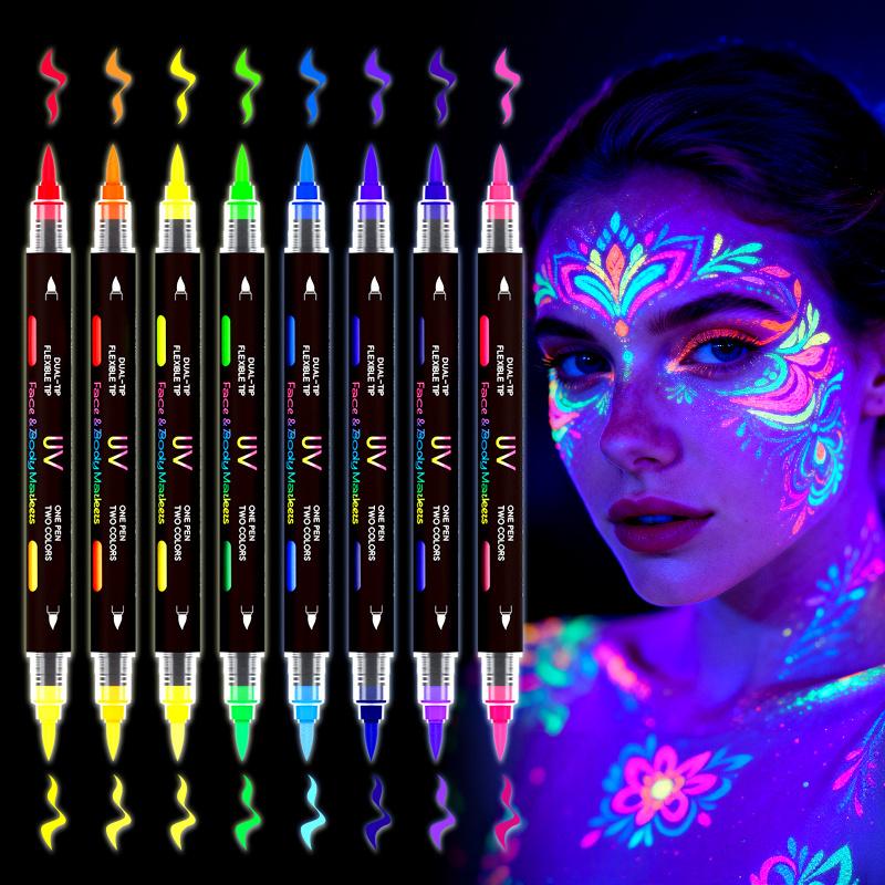Glow in The Dark Face Paint Markers 8Pack 16 Colors, Black Light Neon Body Paint Pens for Skin, Washable Formula UV Temporary Tattoo for Birthday Glow Party Supplies Halloween Makeup Easter Basket Stuffers