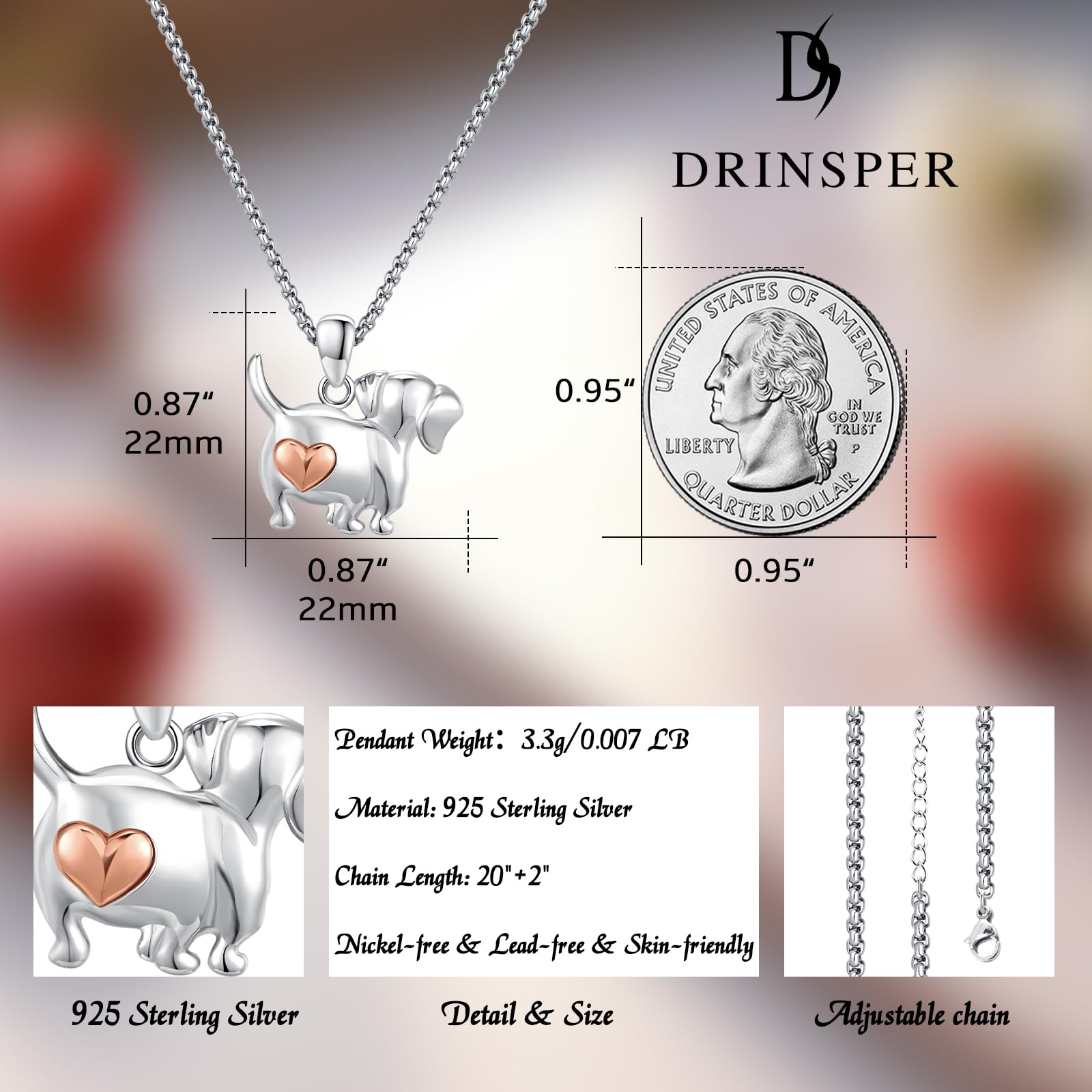 DRINSPER Dachshund Necklace 925 Sterling Silver Pendant Dog Necklace for Women Weiner Necklace Cute Charm Daily Wear Jewelry Gift for Dog Lovers for Birthday