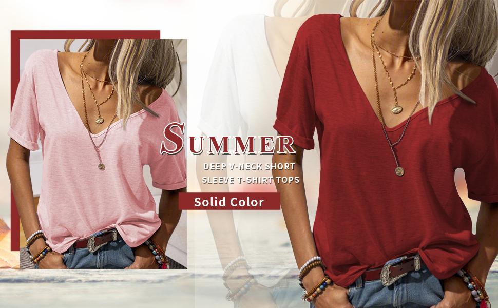 Goranbon Women Fashion Deep V-Neck Short Sleeve Tops Solid Casual Loose Basic T Shirt