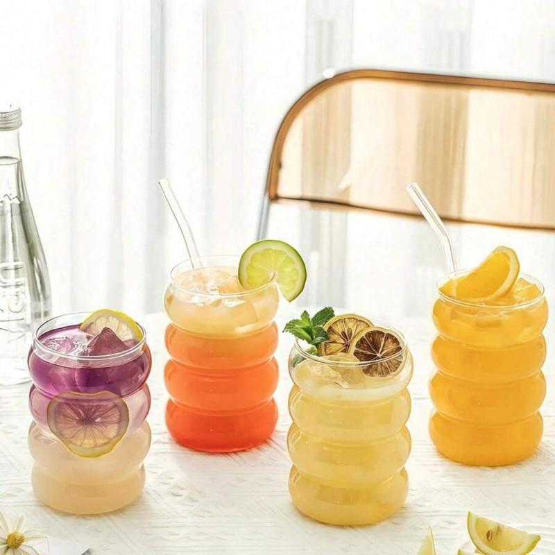 9 Piece Premium Clear Wavy Ripple Glass Tumbler Set Heat Safe Borosilicate Glasses Matching Glass Straw And Cleaning Brush, Drinkware