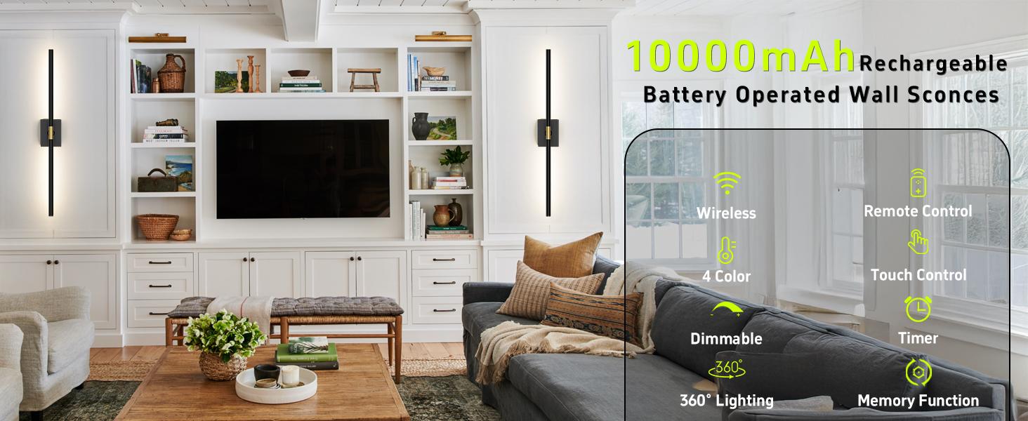 Battery Operated Wall Sconces w/ Remote Control Set of 2 | 31.5 inch | Upgrade 10000mAh | 3000K-6000K LED Wireless Wall Light for Bedroom, Picture Lights for Wall, Hallway, Background Wall Battery Operated Wall Sconces w/ Remote Control Set of 2 | 31.5 inch | Upgrade 10000mAh | 3000K-6000K LED Wireless Wall Light for Bedroom, Picture Lights for Wall, Hallway, Background Wall