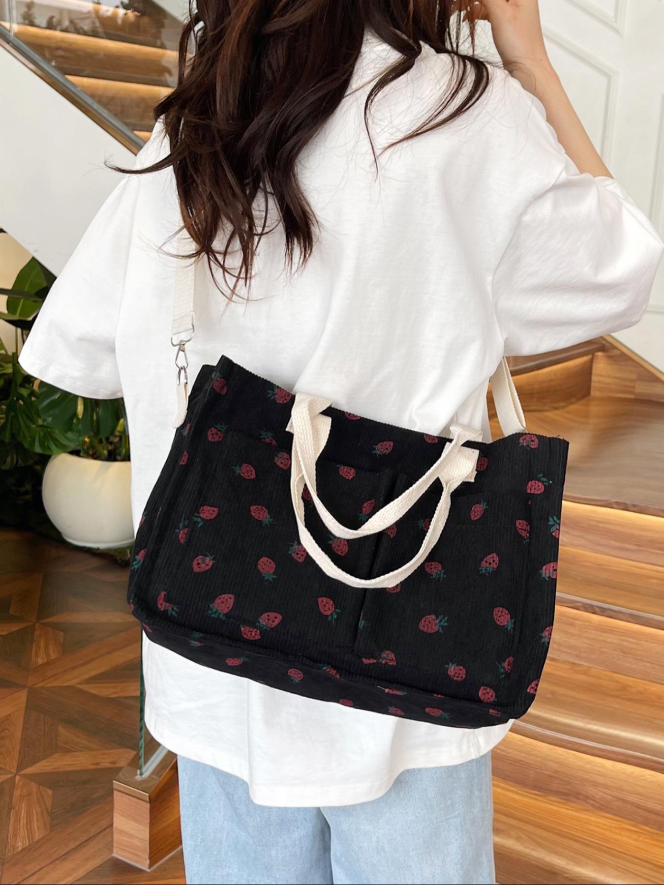 Stylish Strawberry Print Crossbody Shoulder Bag, Large Capacity Multi-Pocket Design, Perfect for Daily Commute & Shopping Needs, Floral Embossed Satchel