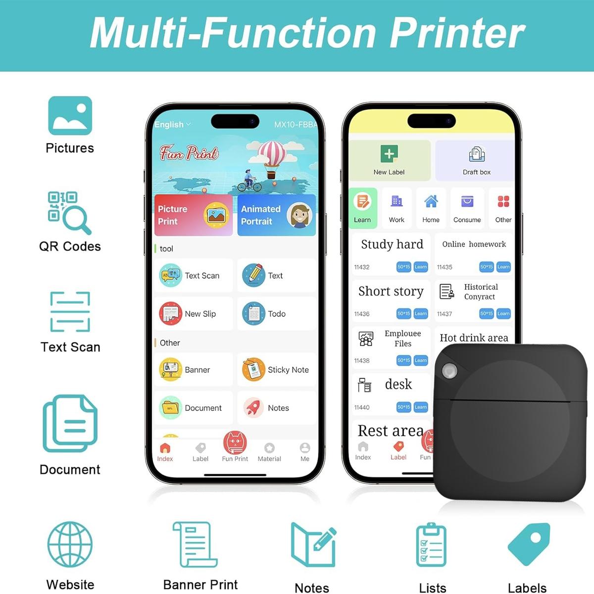 Portable Wireless Mini Printer, Thermal Inkless Printer, Compatible with iOS and Android, Ideal for Office and Home Use