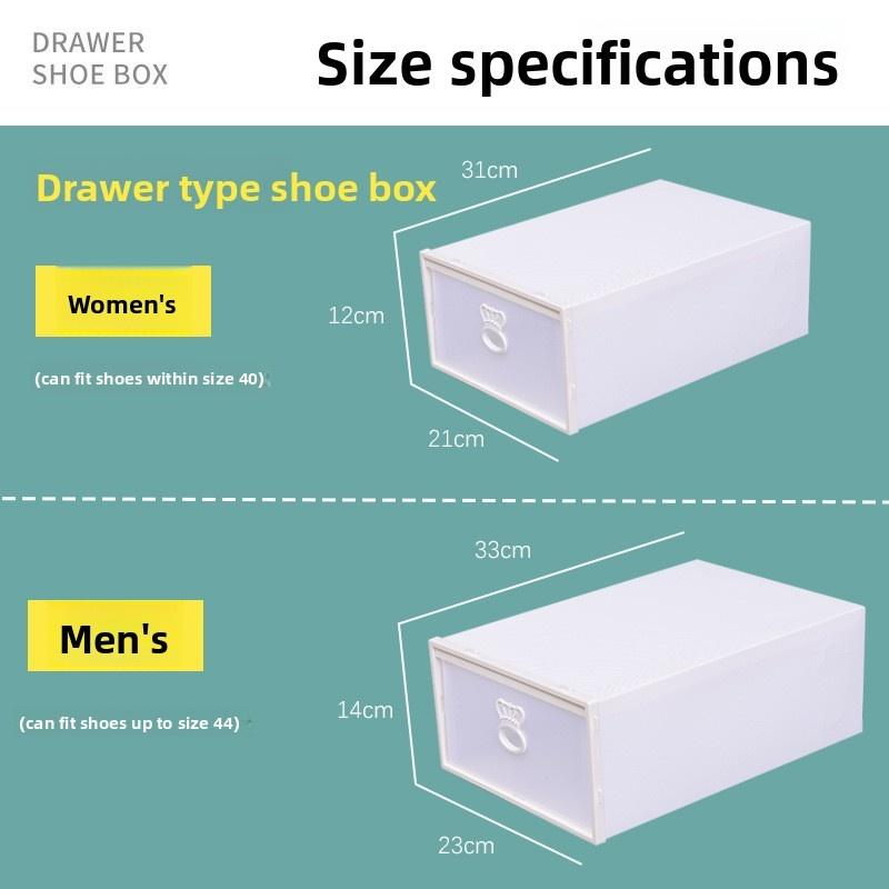 The new multi-color plastic shoe box can be stacked and durable storage and finishing boxes. The drawer type is easy to open and close. It is suitable for storage of a variety of shoe types and saves space. Artifact