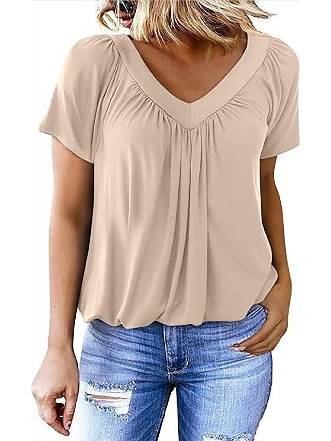 Women's Short Sleeve Casual Tops, Dressy V Neck T-Shirts, Loose Fit Summer Pleated Blouses, Comfortable and Stylish Clothing