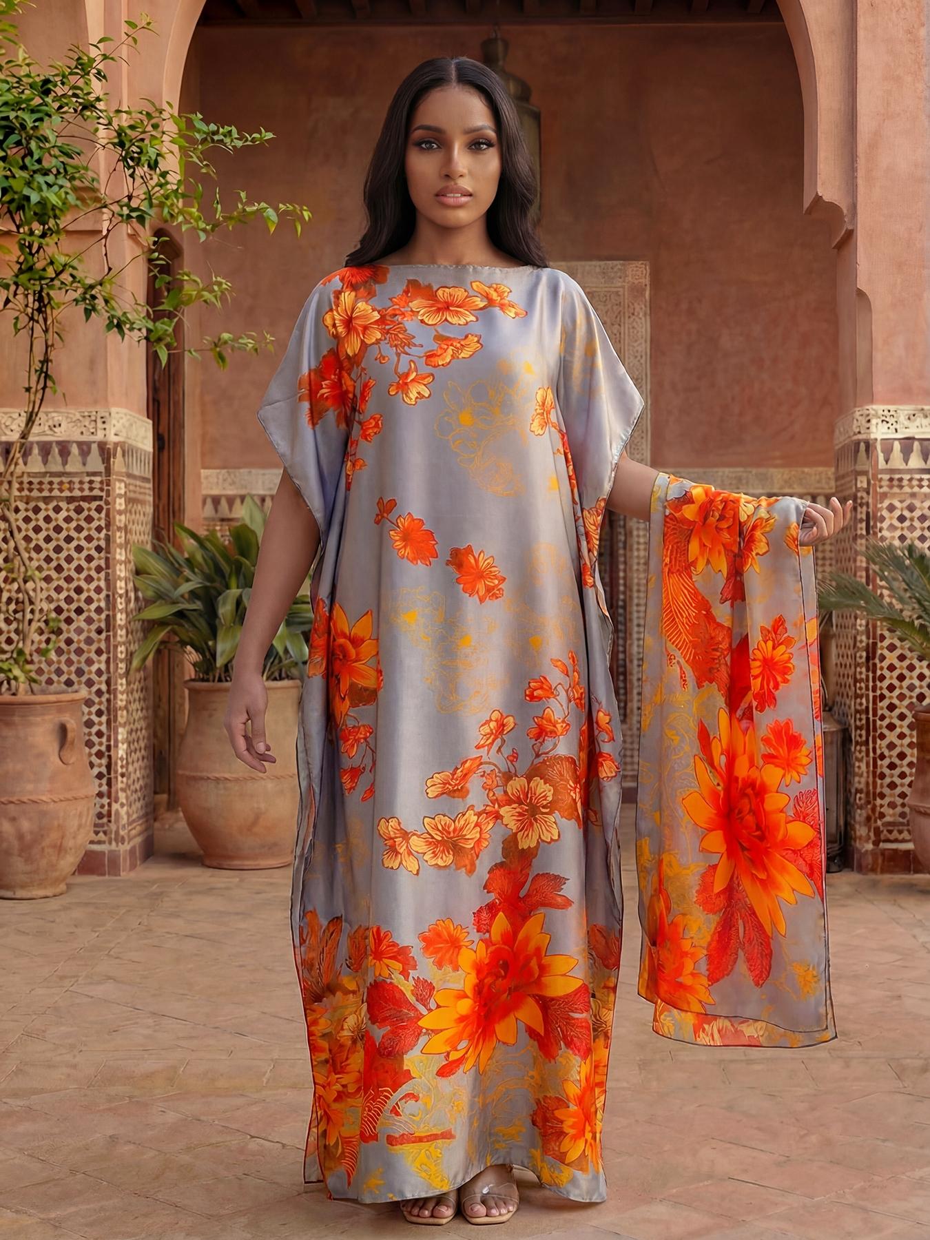 Women's Spring Summer Floral Pattern Robe & Thin Loose Fit Shawl Set, Casual Beach Sun Protection Satin Scarf