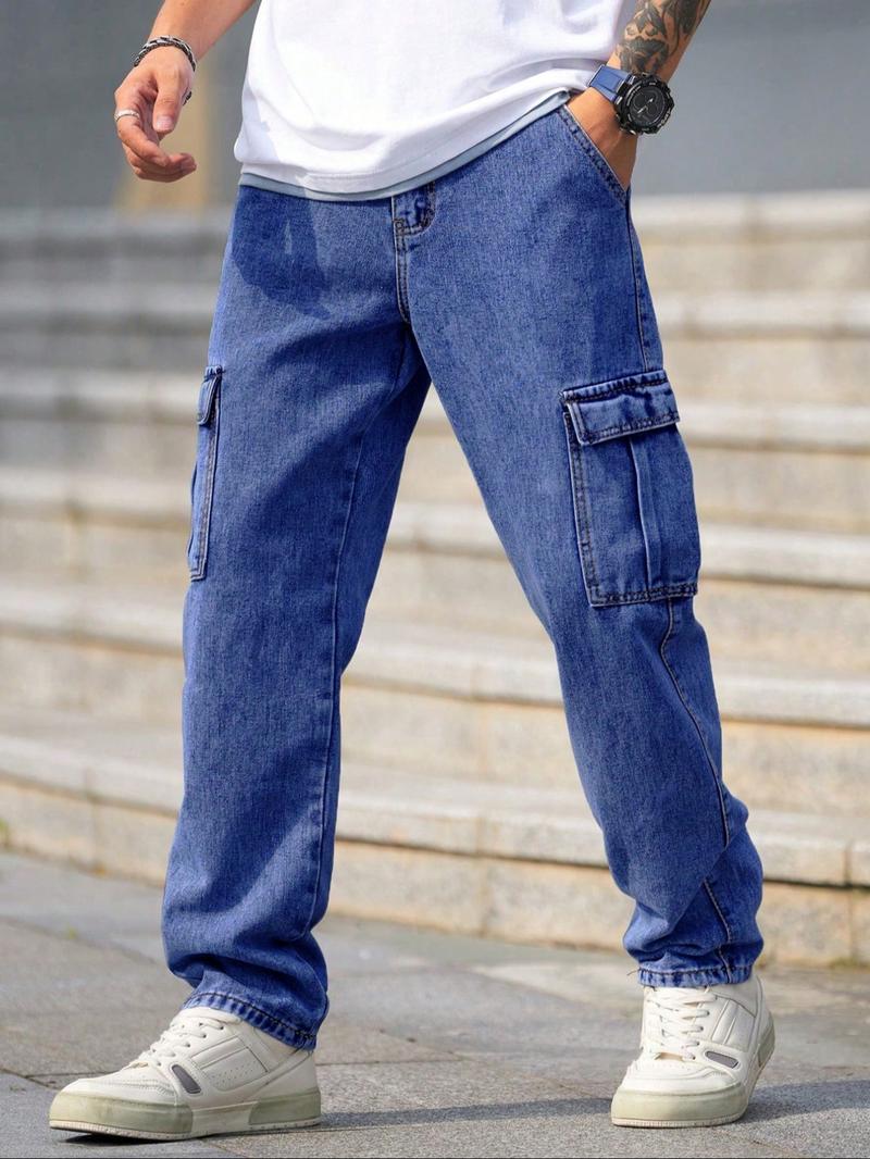 Men's Solid Color Washed Straight Leg Cargo Jeans, Loose Casual Comfy Flap Pocket & Slant Pocket Design Denim Trousers for Daily Wear, Fashion Men's Bottoms for All Seasons, Cotton, Relaxed Fit Jeans, Baggy Jeans, Pants
