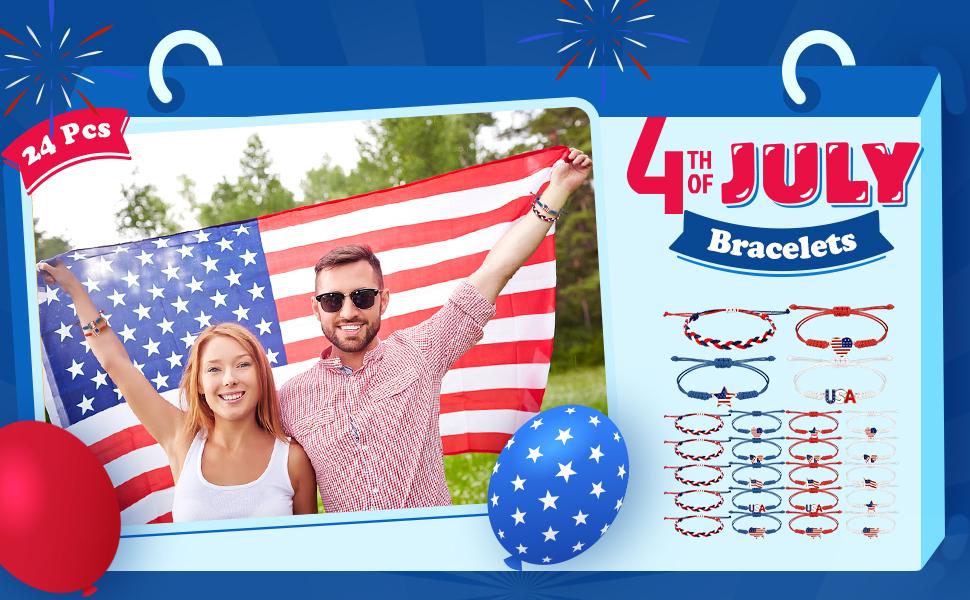 24/48 Pcs USA 250th Anniversary Flag Bracelet National Flag Independence Day Accessaries 4th of July Wristband for Women Men Teens Bulk Red White and Blue Patriotic Gifts for 4th of July American Summer Party Favors Event Parade Historical Celebration