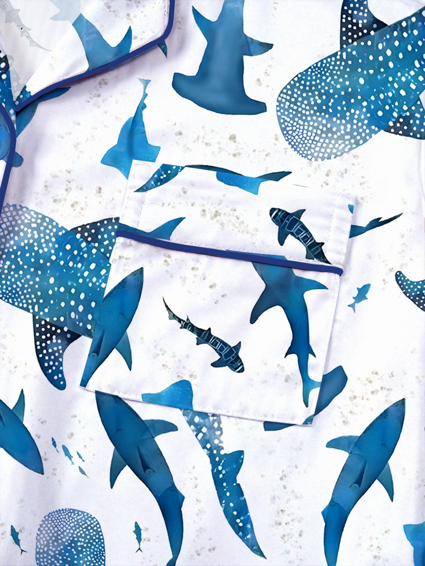 Women's Shark Print Pajama Set, Short Sleeve Button-Up Top and Elastic Shorts, Casual All-Season Sleepwear, Comfortable Home