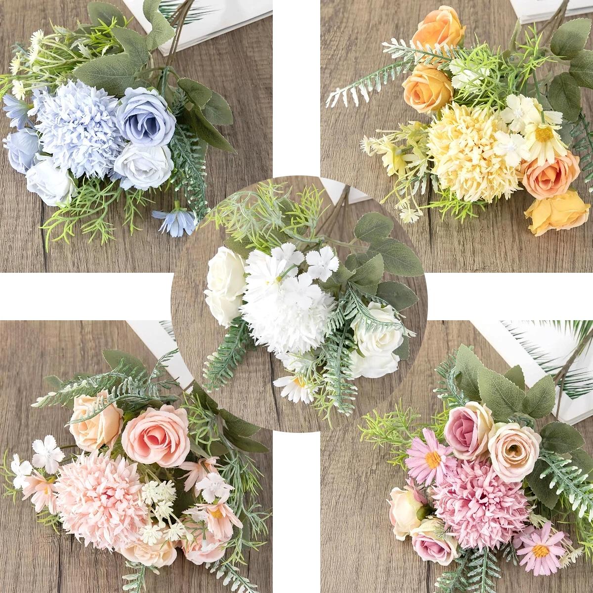 5Pcs Artificial Flowers 7 Stems Mixed Fake Bouquet with Rose Daisy Chrysanthemum Hydrangea, No Fade Faux Flower Arrangement for Wedding Bridal Bouquet Home Decor Garden Party Gift, Rustic Farmhouse Style