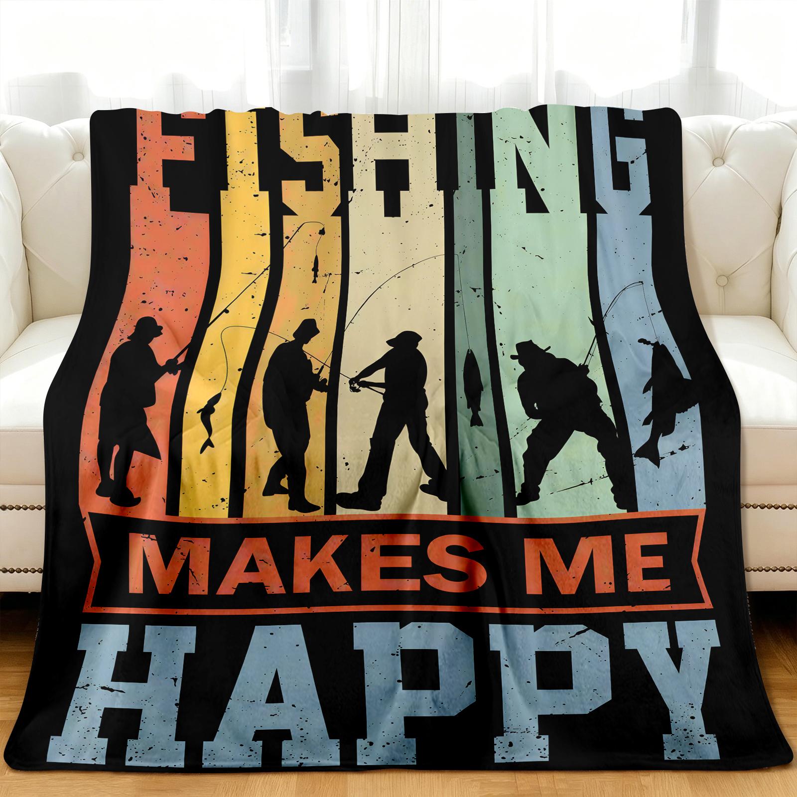 Flannel Fishing Enthusiast Blanket – FISHING MAKES ME HAPPY Design, Oversized Soft Throw for Outdoor Travel & Camping, Tear-Resistant, All-Season Comfort, Perfect Gift for Fishermen
