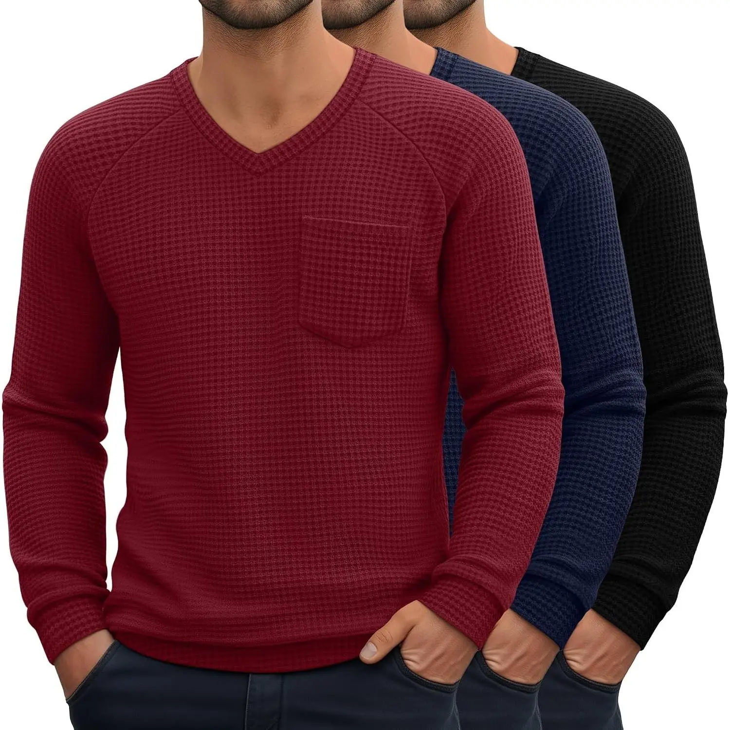 3 Pack Men's Big and Tall Waffle Thermal Long Sleeve Shirts V Neck Tops Casual Pullover Knit Undershirt with Pockets