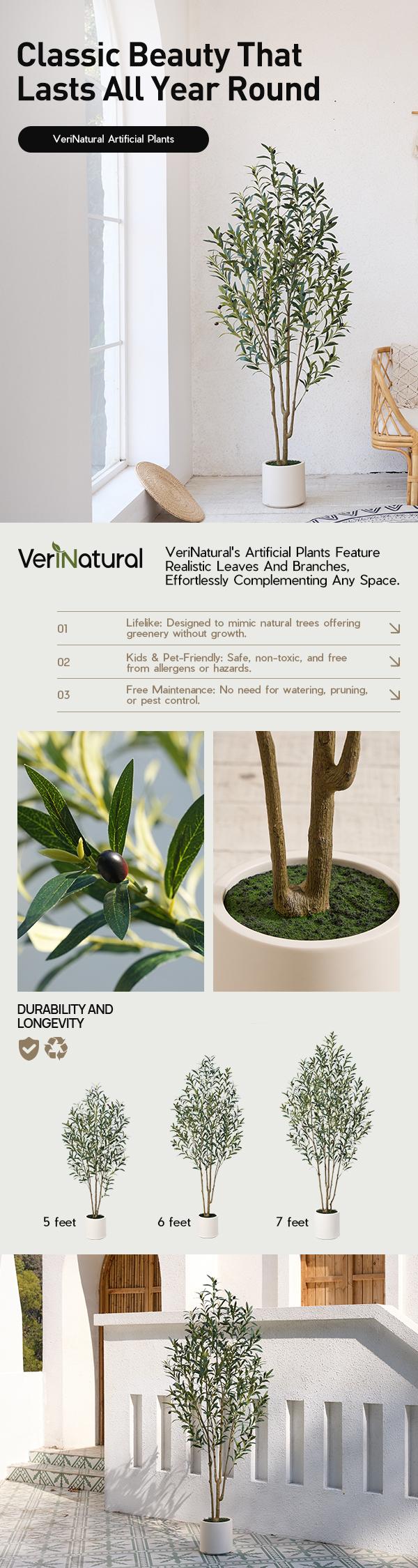 VeriNatural 5/6/7FT UV Resistant Artificial Olive Tree with White Decorative Planter for Indoor & Outdoor（VN158）