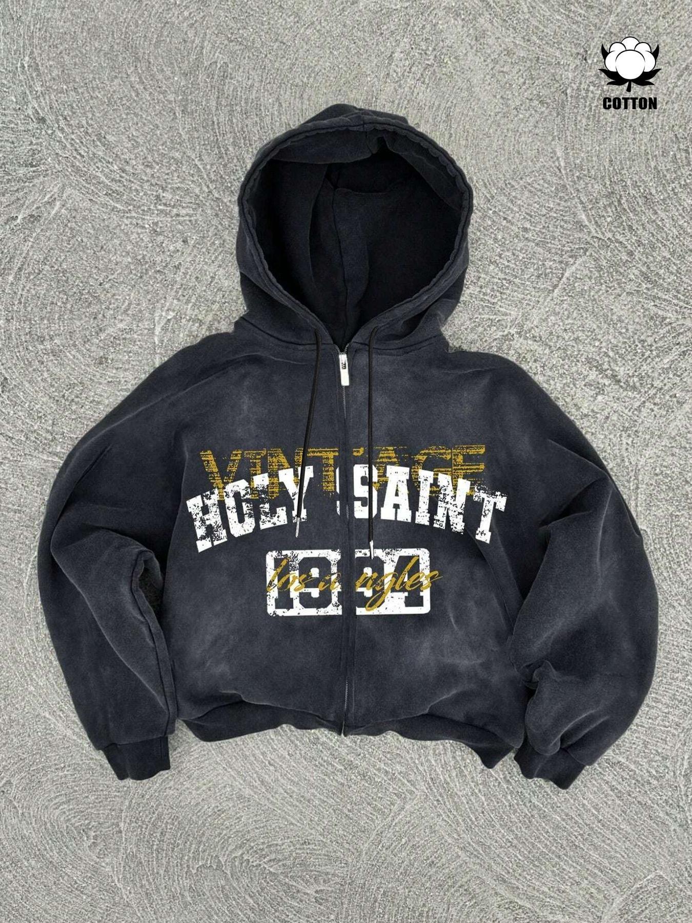 Men's Vintage Letter and Graphic Print Hoodie, Long Sleeves, Casual Zipper Pullover, Comfortable Streetwear, Sweatshirts, Perfect for Daily Wear, Graphic Hoodies