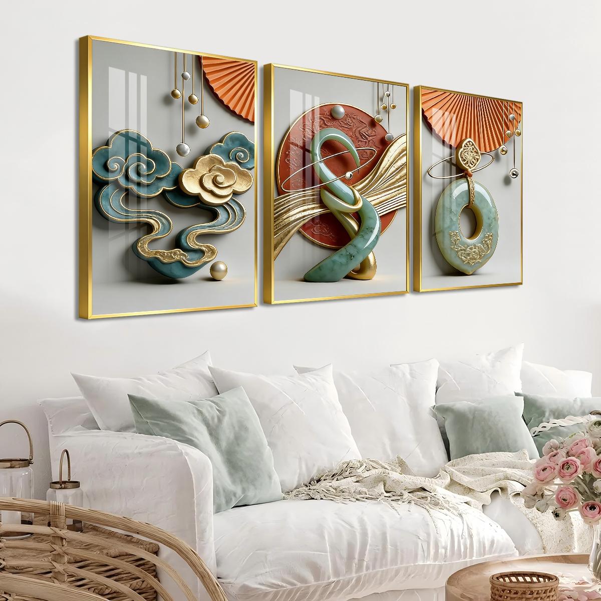 3 Counts Aluminum Alloy Framed Painting, Abstract Jade And Gold Art Sculpture Pictures, Home Decoration For Living Room, Bedroom, Office, Restaurant, Hallway Wall Decor, Odorless Print Artwork, Luxury Perfect Gift For Friends And Family