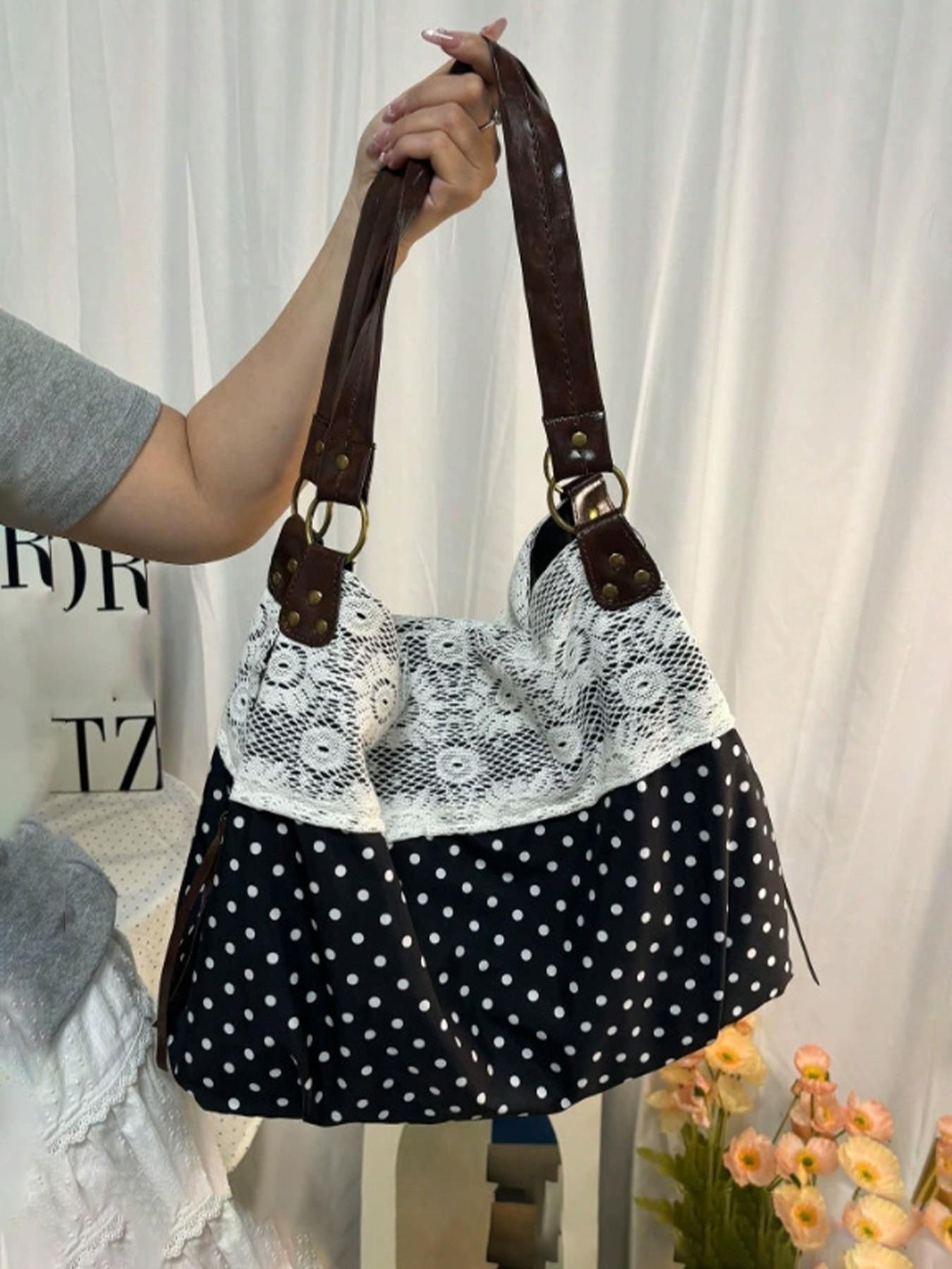 Women's Vintage Floral Patch Lace Patchwork Underarm Tote Bag, Faux Leather Large-Capacity Retro Purse for Commute, Shopping, Ideal Holiday Gift for Ladies, Daily Use
