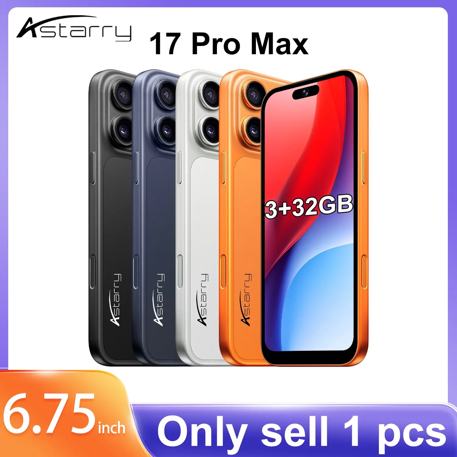 Astarry 17 Pro Max smart phone, Android Cell Phone, 3GB+32GB memory, Android 12, 4G network, dual card dual standby, Bluetooth WiFi GPS positioning, MTK6762 processor, 5+13MP pixels, 4100mAh battery, one-click photo, fingerprint face recognition