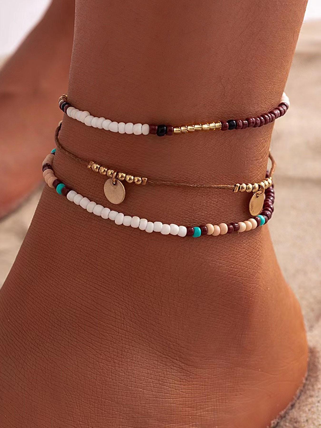Bohemian Beaded Anklet Set (3 Pieces), Layered Anklet, Adjustable Multi-Layer Chain Ankle Bracelets for Women and Girls, Fashion Body Jewelry for Beach Party Vacation