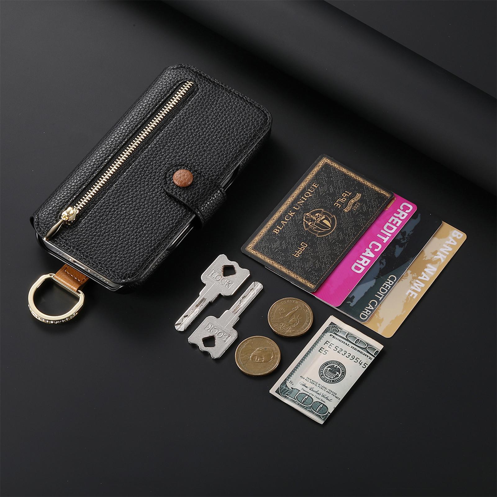 Leather Wallet Phone Case with Ring Strap Holder Stand, Multi Card Slots, Zipper Phone Pouch and Magnetic Closure, Fits iPhone 17/16/15 Series