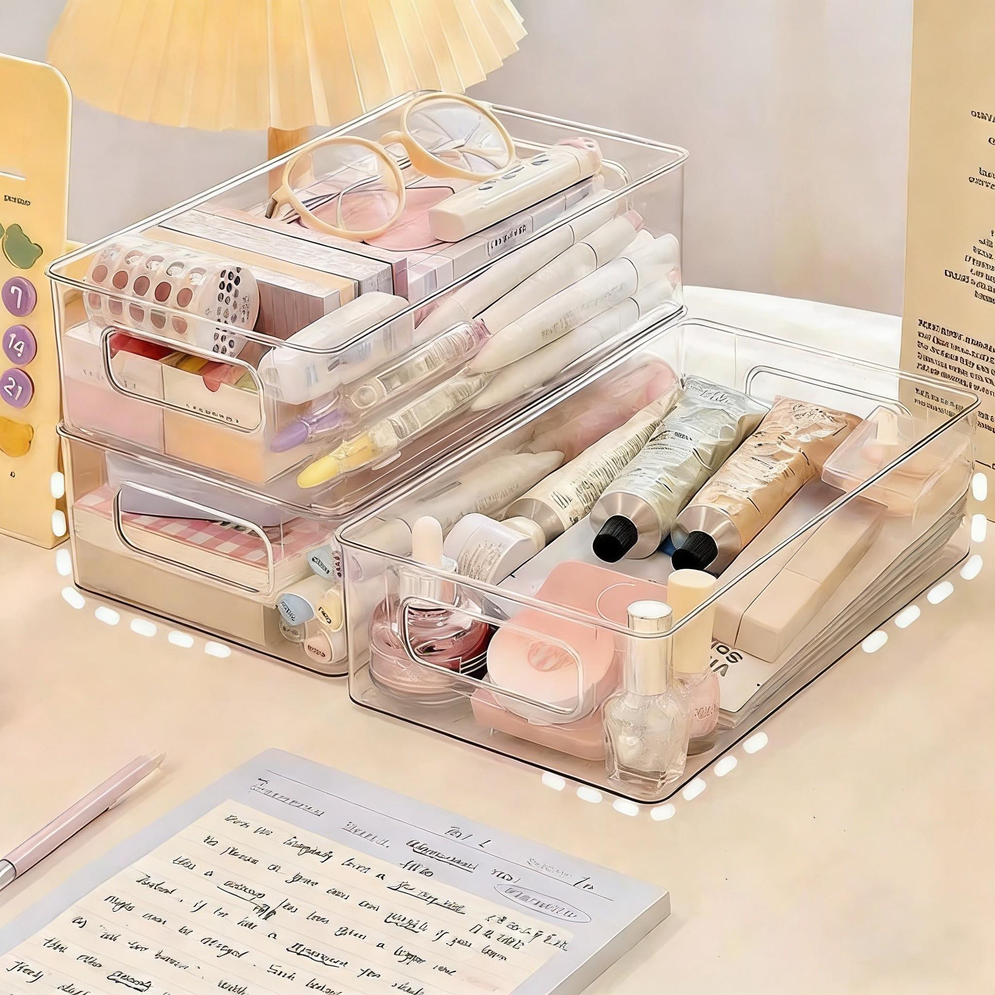 Transparent Cosmetic Organizer Shelf, Stackable Desktop Storage Box, Office Makeup Jewelry Tray, Kitchen Food Container with Handle