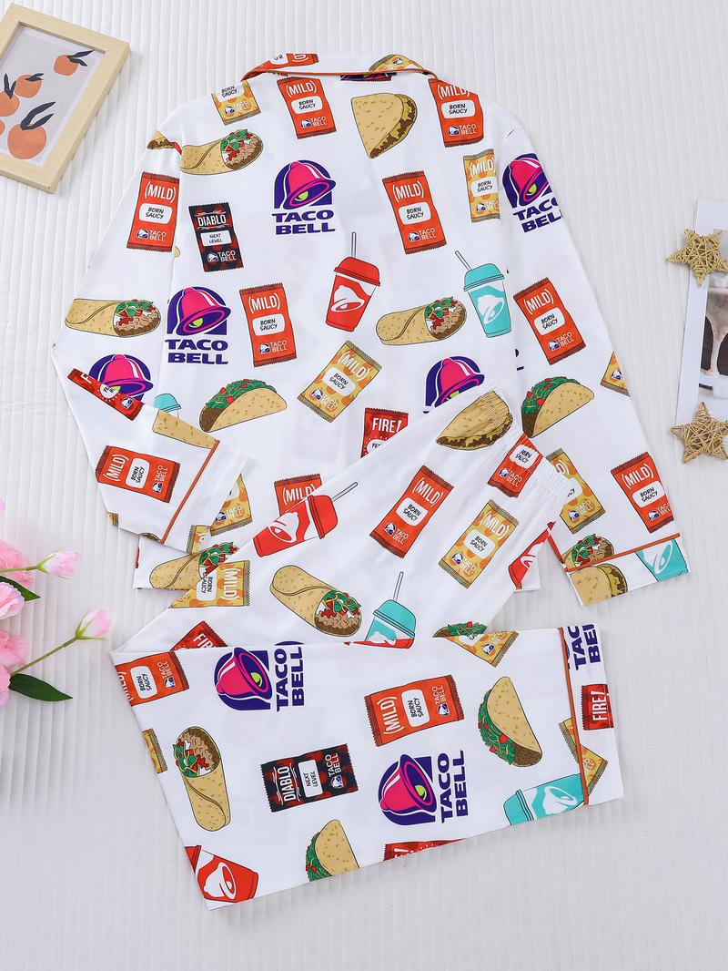 2-piece snack set, potato chips, hot dogs, bell shaped drinks, printed long sleeved shirt, long pants, soft, comfortable, skin friendly, smooth top, small pocket, button closure, elastic waistband, suitable for four households, casual wear, pajamas