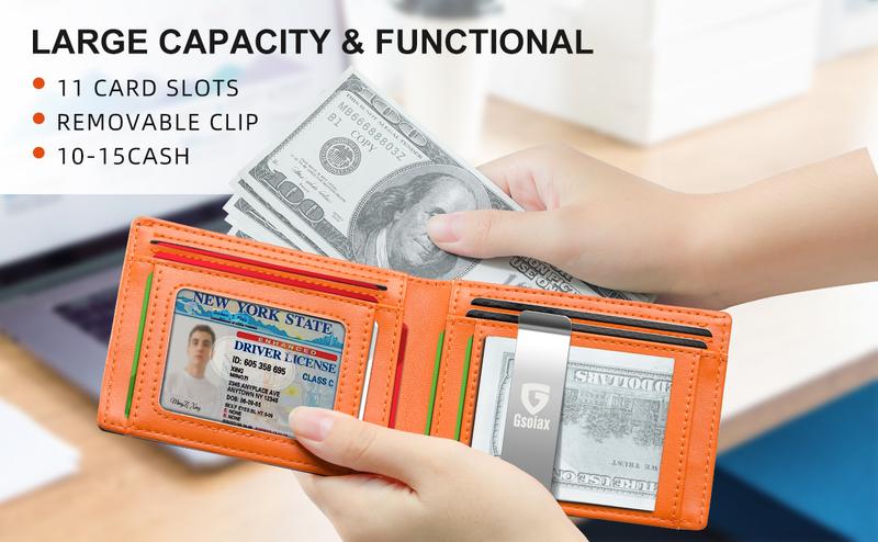 GSOIAX Slim Wallet for Men with Money Clip, Minimalist Leather RFID Blocking Bifold Small Thin Front Pocket Carbon Fiber Men's Wallet,11 Credit Card Slots Holder with Gift Box
