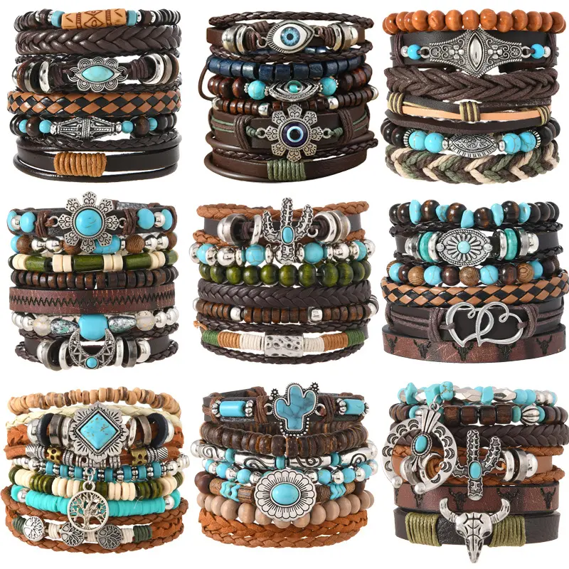 6/12/18Pcs Vintage Gothic Bracelet, Western Cowboy Style Bull Head, Heart, Combination, Faux Leather Wooden Bead Bracelet, Christmas Gift, Halloween Gift, New Year's Gift