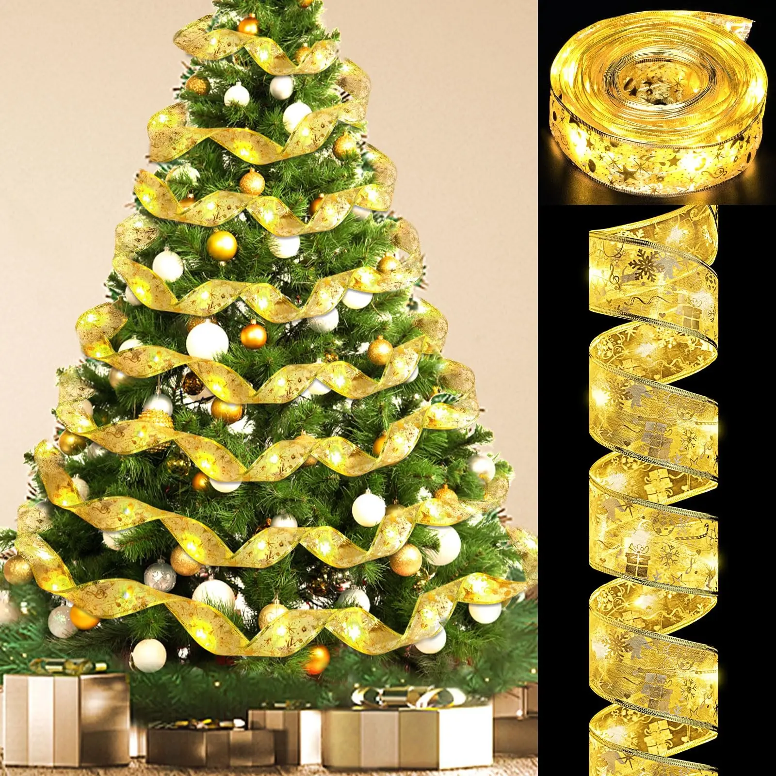 1/2 Pack Christmas Ribbon Fairy Lights, 50/100 LED Lights Gold Ribbon for Christmas Tree，christmas tree ribbon lights,christmas tree decor,New Year Holiday Party Weddings Holiday Wrapping Xmas Garland,Battery Operated （not include batteries）