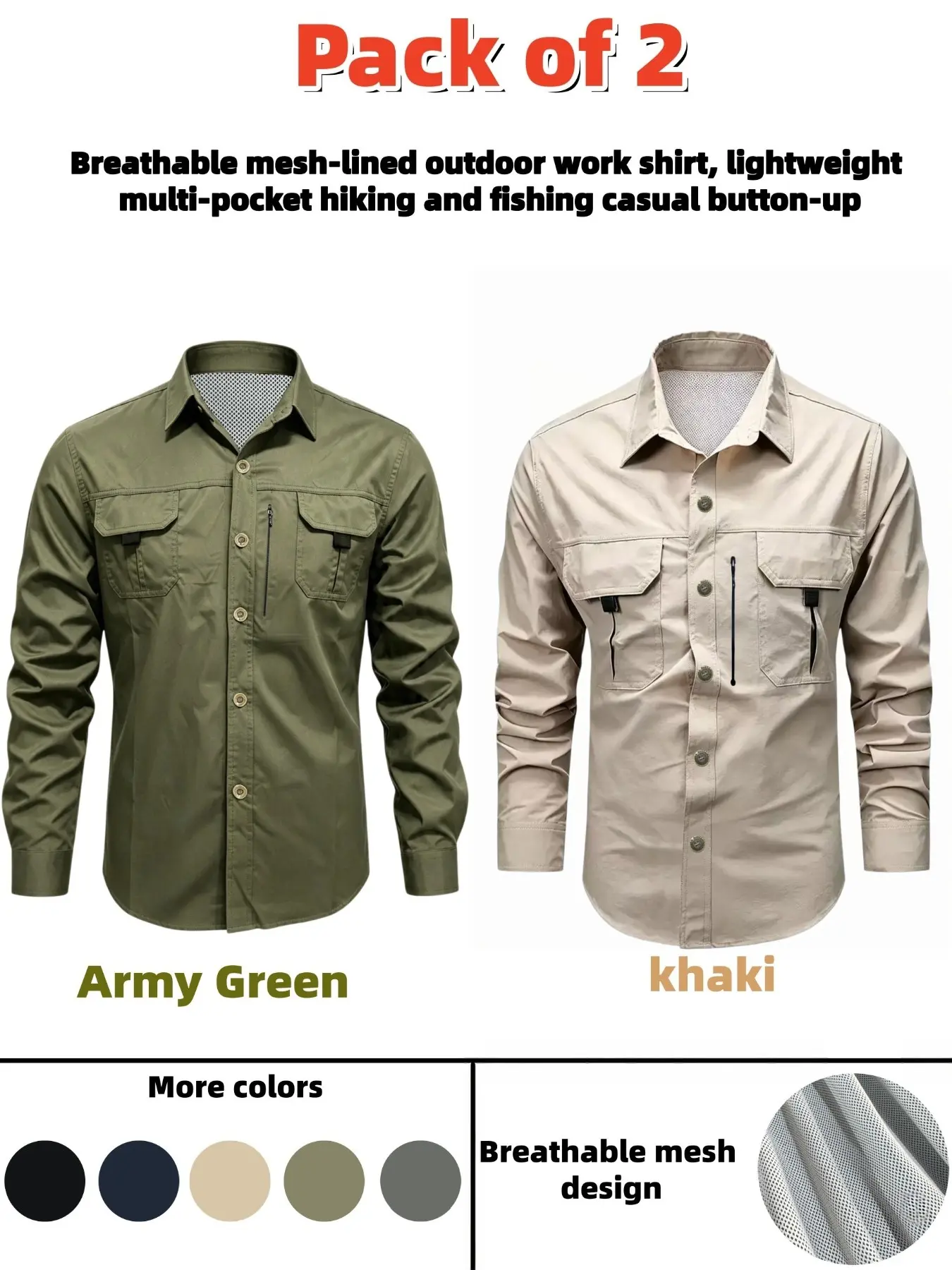2-Pack Men's Multi-Pocket Outdoor Long Sleeve Shirt, Breathable Mesh Inner, Quick-Dry Collar Workwear, Durable Casual Tactical Top