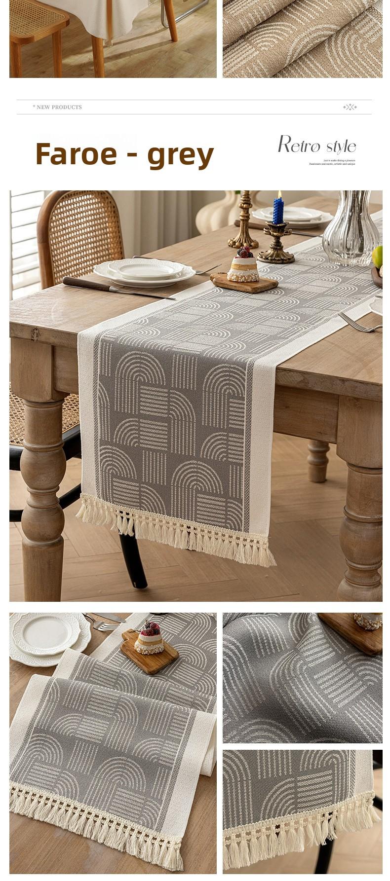 Nordic Style Waterproof Cotton Linen Table Runner, Jacquard Pattern with Tassel Trim, Dining Table Decor