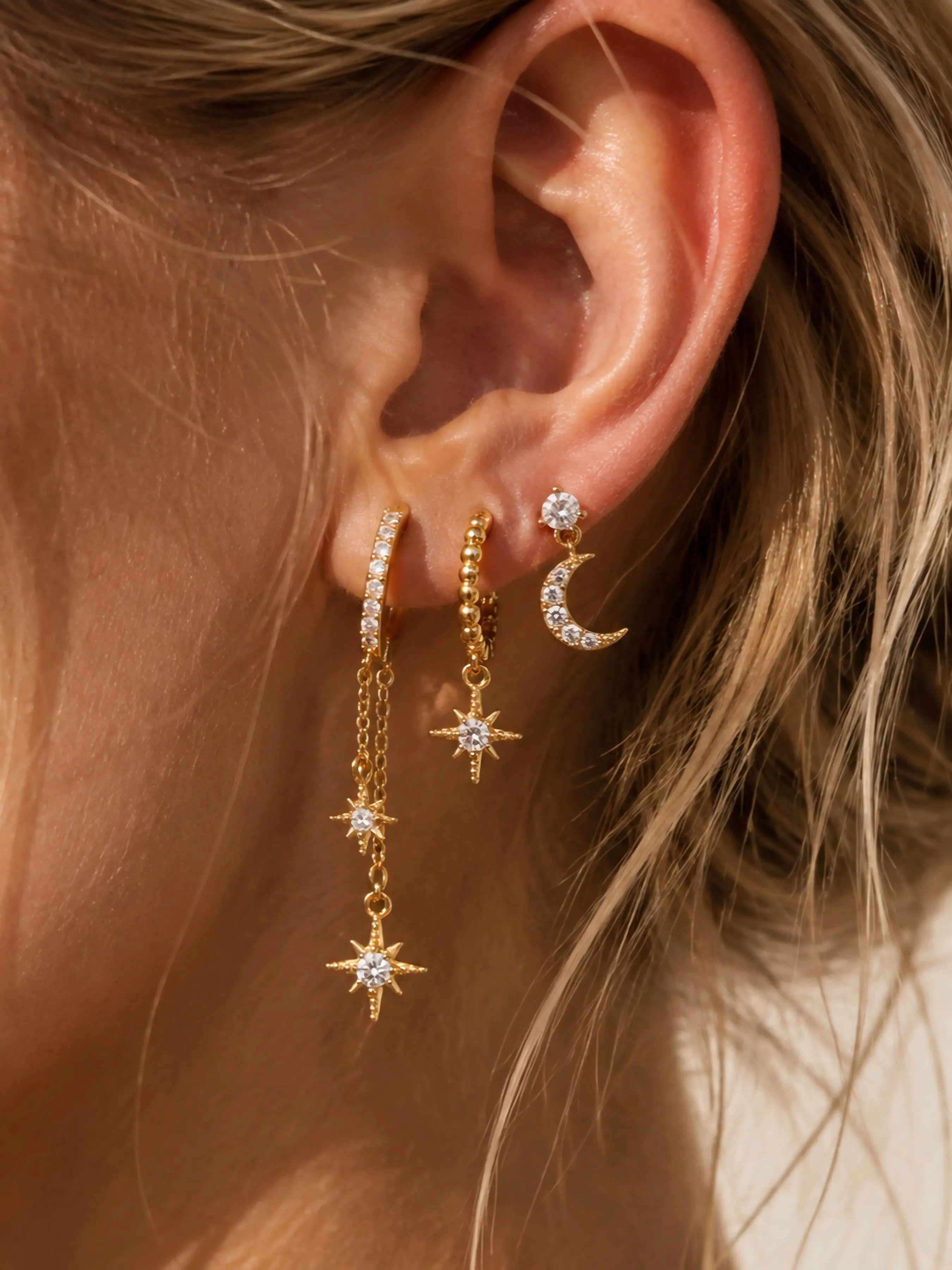 3 Pcs Bestselling Star Moon Asymmetrical Earrings Set, Fashionable Zircon Studs and Hoops, Trendy Jewelry for Women