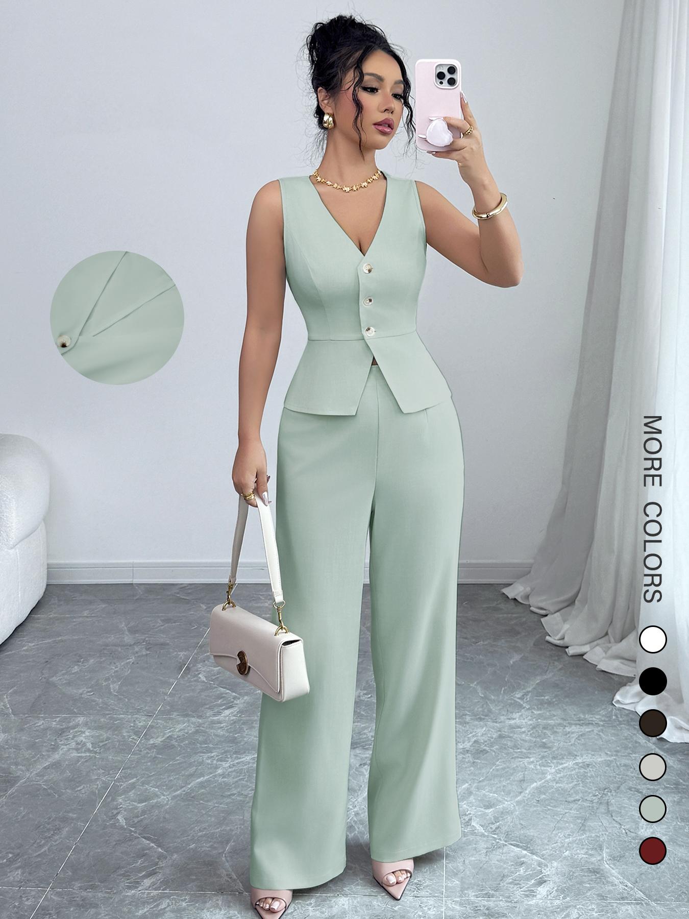 Elegant Women's V Neck Sleeveless Bodycon Vest & High Waist Pants Set, Spring Summer Fashion Two-Piece, Slim Fit Casual Wear