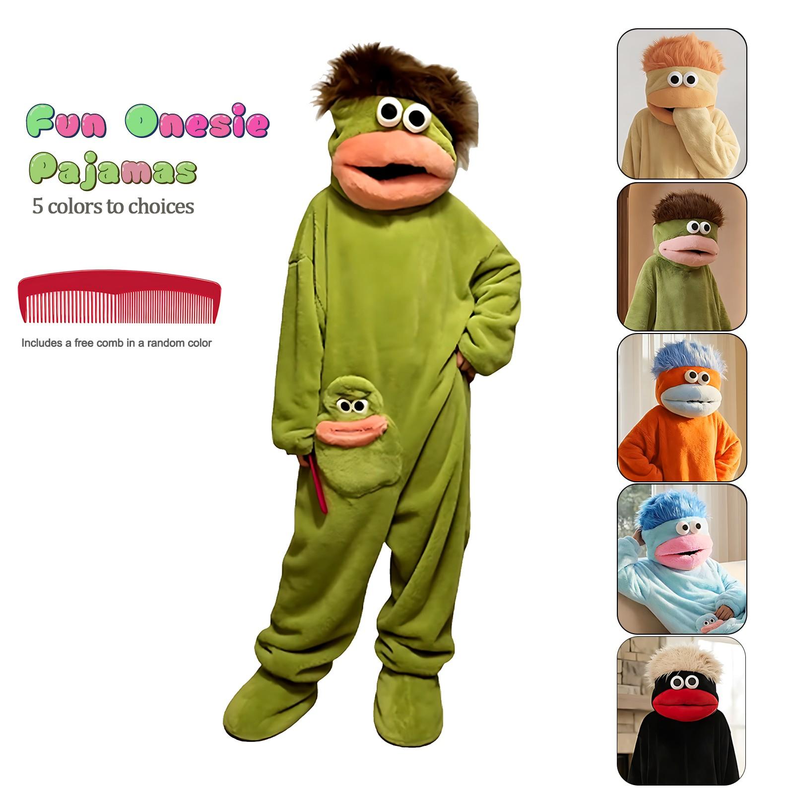 Funny Onesie Set, Comfortable Loose Hooded Flannel Pajamas - 3 Piece Set Includes Sleepwear + Comb + Shoes, Soft Skin-Friendly Long Nightgown