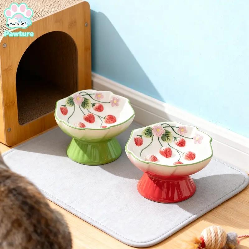 Ceramic Slow Feeder Cat Bowl, Elevated Pet Food Bowl for Cats & Small Dogs, Non-Slip Base, Strawberries Country-Style Design