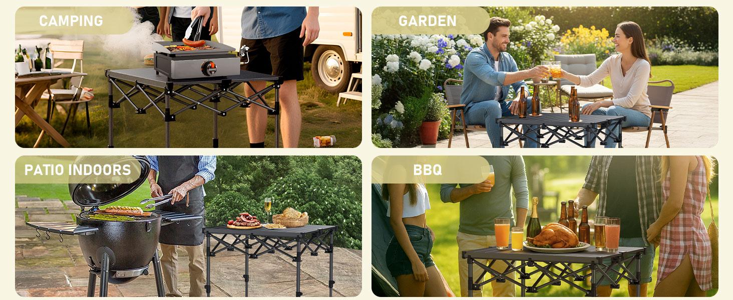 Anbte Camping Table Foldable, 2 Height Max 27.5" Aluminum Roll up Camping Table with Carry Bag & Heat-Resistant Tabletop, Lightweight, for Indoor Outdoor RV BBQ Picnic Patio Beach, 26" x 23", Black