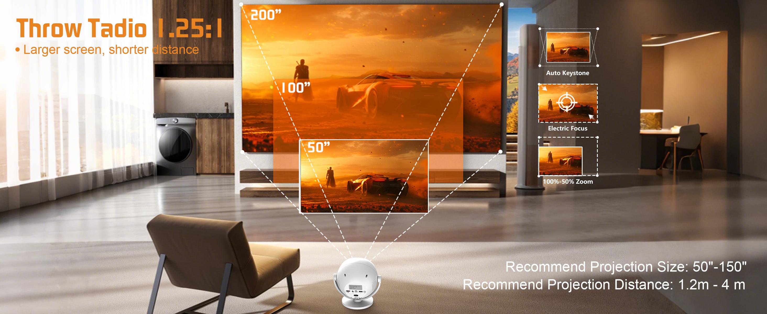 XBJ New Drops Supports 4K,350ANSl  2.4/5G WiFi 360° HD Projection Dual band  Electric Focus Wireless BT6.0 LED 150 InchScreen Built-in Speaker Multifunctional Projector for HomeCinema and Chri Outdoor stmas Gifts New Year Gifts Theater-Grade High-quality