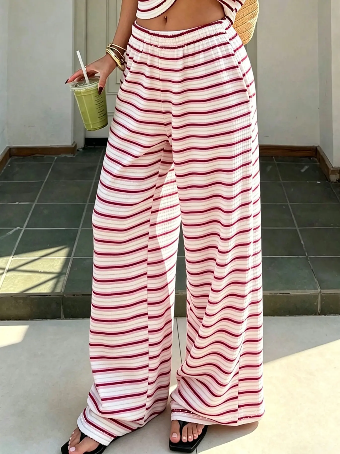 2026 Hot Selling Women Elastic Waist Red White Horizontal Striped Wide Leg Pants, Textured Waffle Knit Loose Casual Long Trousers, Soft Breathable Striped Bottoms With Pockets, Fashion Daily Loungewear Pants For Vacation, Shopping, Streetwear Spring Summe