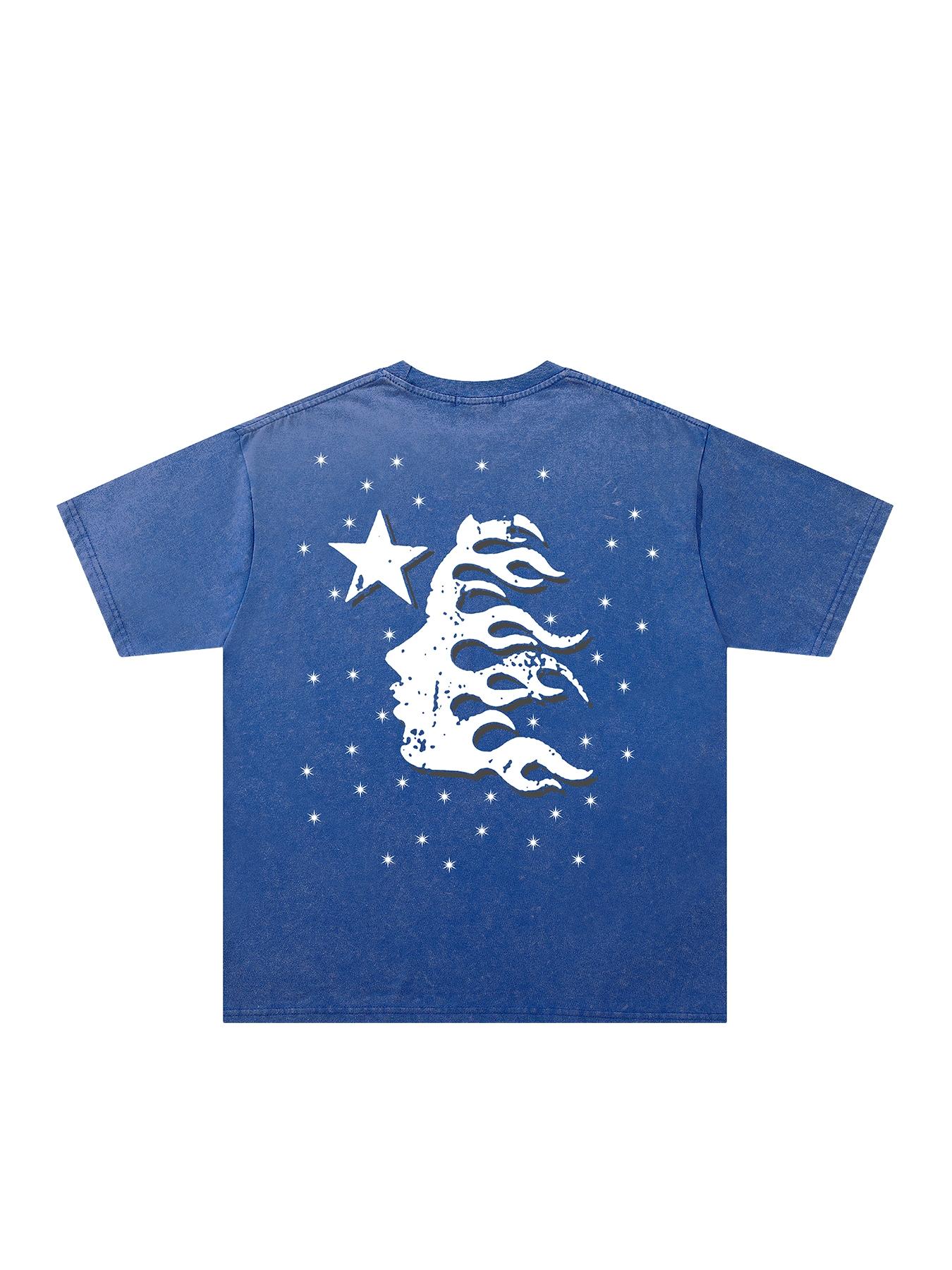 Men's American Vintage Streetwear T-Shirt, Washed Distressed Tie-Dye, Flame, Letters & Stars Print, Summer Casual Round‑Neck Short-Sleeve Tee