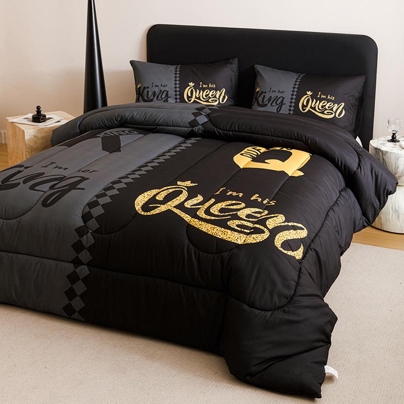 3-piece Crown letter black and gray color block super soft breathable warm  Quilt Set (1 Quilt +2 pillow cases without pillow cores), with 180gsm quilted soft ventilation digital printing for bedroom dormitory at home, no bed sheets and bed covers