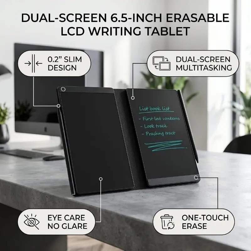 Upgraded6.5inchLCDwritingboardwithpenhangingdesign,makingitlesslikelytolosethepen.Fullscreendigitalnotebook,reusabledrawingboard,equippedwithaleatherprotectivecover.Portableelectronicnotebook,suitableforadults,office use,children and students.