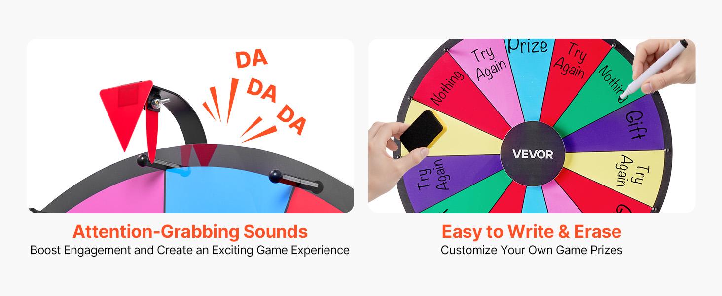 VEVOR 24 in Spinning Prize Wheel, 14 Slots Spinning Wheel with Tripod, Adjustable Height Win Fortune Roulette with a Dry Erase and 2 Markers, 6 Colors, Easy Assembly, for Party Pub Trade Show Carnival