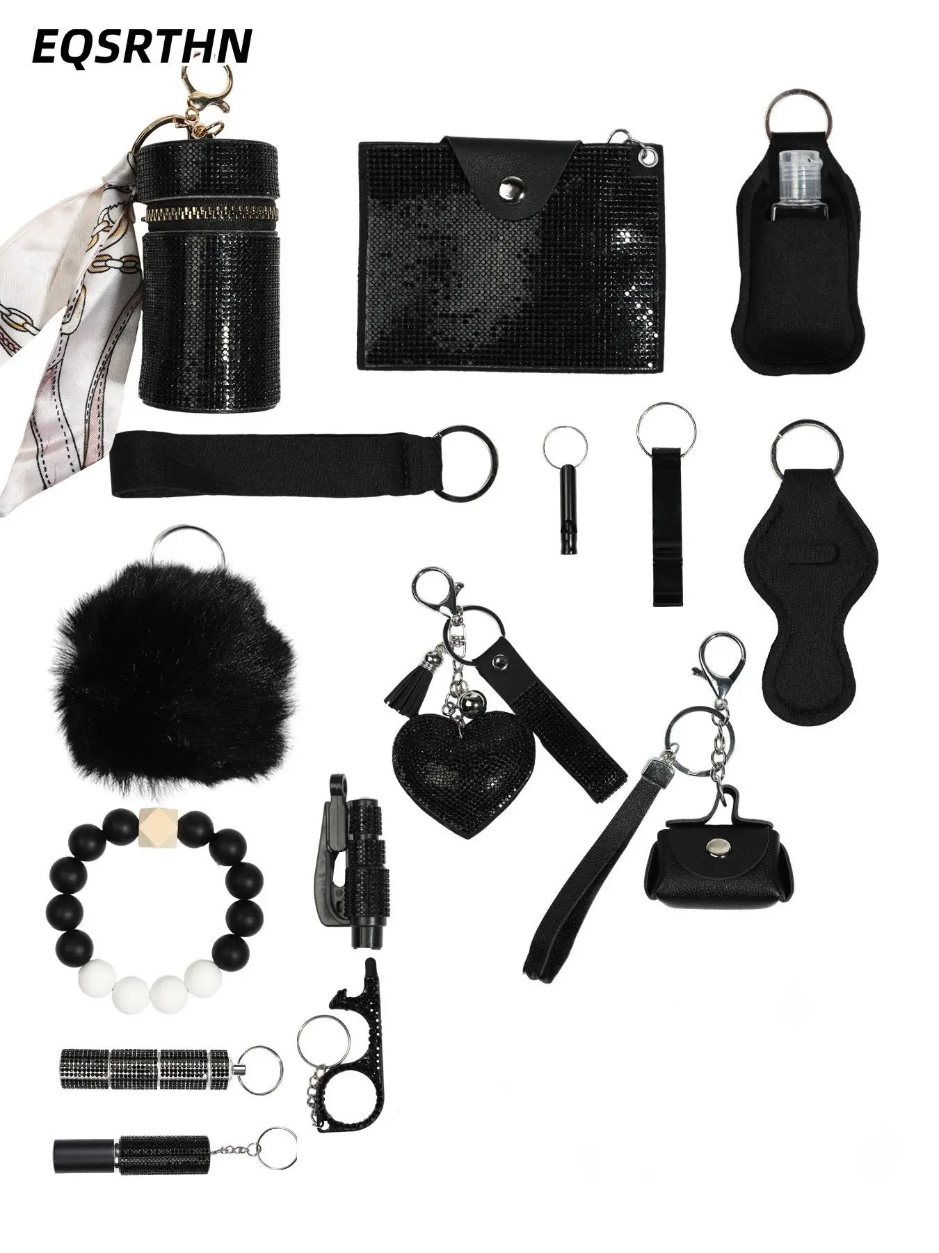 17pcs Essential Safety Keychain for Women Personal Defense Accessories Kit Heart Shape Bling Pendant Alarm Whistle No Touch Door Opener Stylus Wrist Strap Portable Emergency Survival Tools Defense Kits