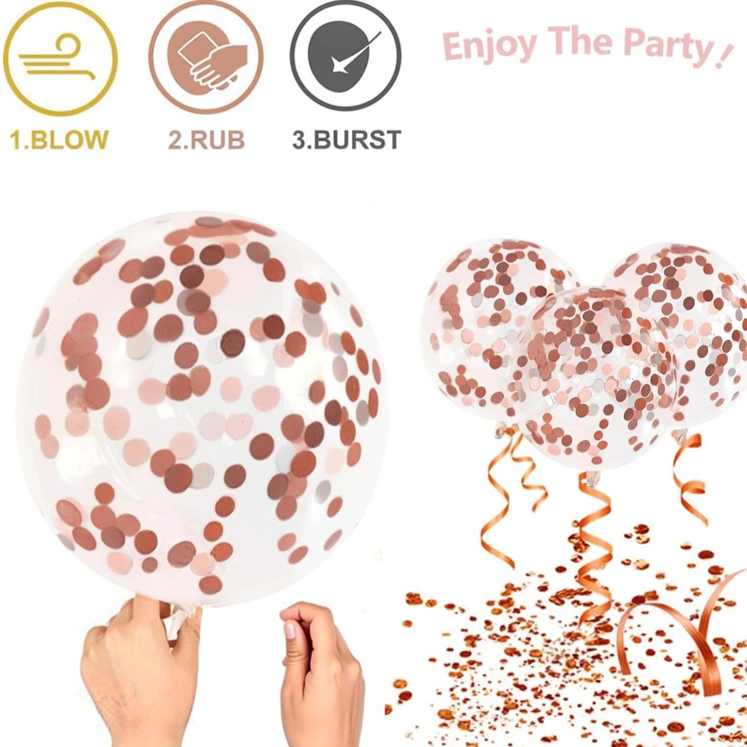 Rose gold colored paper balloons, 50 12 inch metallic rose gold and white latex balloons, paired with plain ribbons, suitable for bridal gatherings, sweet birthday parties, birthday celebrations, and wedding anniversary decorations