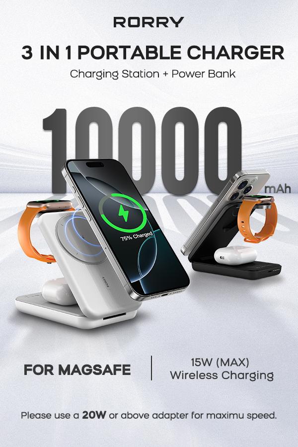 RORRY 3-in-1 Wireless Foldable Power Bank Stand 10,000mAh Power Bank for iPhone 16/15/14/13/12 Pro Max, Apple Watch Ultra Series 10/9/8/7/6/5/4, AirPods, Portable & Travel-Friendly   valentinesdaygiftideas