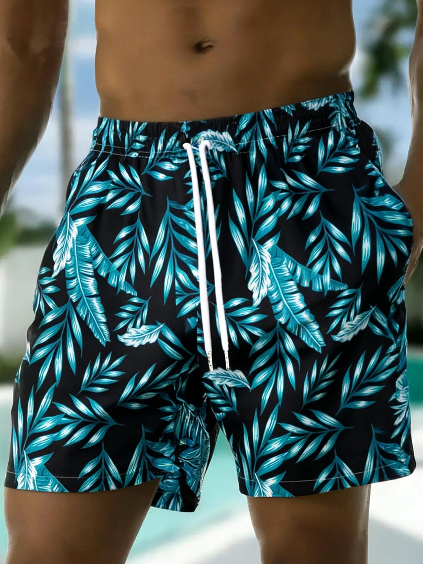 Men's Monkey & Flamingo Print Boxer Brief Swim Trunks, Regular Fit Casual Comfy Swim Shorts for Summer, Men's Swimwear for Beach Vacation