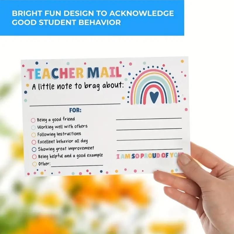 Rainbow Pattern Teacher Mail Card, 50pcs/pack Teacher Encouragement Card, Positive Behavior Encouragement Note for Students, School Classroom Reward Card