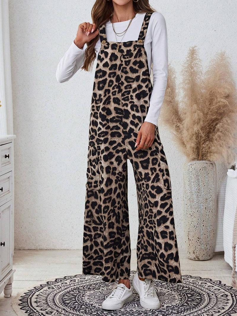 Valentine's Day Women's Casual Leopard Print Loose Jumpsuit, Woven Fabric, Moderate Thickness, All Seasons Wear, Fitted Style, Pocket Design
